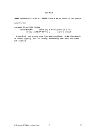 Test Bench
5 3/11C. E. Stroud,ECE Dept.,Auburn Univ.
assert statements check to see if a condition is true or not and displays an error message
general format:
assert BOOLEAN-EXPRESSION
report “STRING” -- reports only if Boolean-expression is false
severity SEVERITY-LEVEL ; -- severity is optional
3 severity-levels: note, warning, error, failure (lowest to highest) –action taken depends
on simulator (typically “note” and “warning” keep running while “error” and “failure”
halt simulation)
 