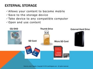 EXTERNAL STORAGE
External Hard DriveCD/DVD Thumb Drive
SD Card Micro SD Card
Allows your content to become mobile
Save to the storage device
Take device to any compatible computer
Open and use content
Done by Josh Folgado. Copyright © 2014 joshfolgado.com . All rights reserved.
 