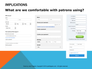 IMPLICATIONS
What are we comfortable with patrons using?
Done by Josh Folgado. Copyright © 2014 joshfolgado.com . All rights reserved.
 