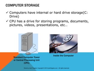 COMPUTER STORAGE
 Computers have internal or hard drive storage(C:
Drive)
 CPU has a drive for storing programs, documents,
pictures, videos, presentations, etc…
Standard Computer Tower
or Central Processing Unit
(CPU)
Inside the Computer
Done by Josh Folgado. Copyright © 2014 joshfolgado.com . All rights reserved.
 