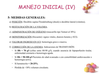 MANEJO INICIAL (IV)
5- MEDIDAS GENERALES:
a) POSICIÓN: Decúbito supino/Trendelenburg (shock) o decúbito lateral (vómitos).

b) RESTAURACIÓN DE LA VOLEMIA.

c) ADMINISTRACIÓN DE OXÍGENO (mascarilla tipo Venturi al 30%).

d) MONITORIZACIÓN (frecuente): signos vitales, diuresis horaria y ECG.

e) VALORAR INGRESO EN UCI: hemorragia grave o masiva.

f) CORRECCIÓN DE LA ANEMIA: Indicaciones de TRANSFUSIÓN:
  •
      Si Hb < 70 g/l (cifras entre 80-90 g/l), cuando ausencia de hipoperfusión tisular,
      enfermedad coronaria o hemorragia aguda.
  •   Si Hb < 90-100 g/l Pacientes de edad avanzada o con comorbilidad cardiovascular o
      hemorragia activa.
  •
      Si hematocrito < 20-25%.
  •
      Pérdida de >30% volumen circulante.
                                                                                    #
 
