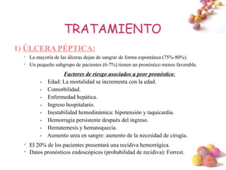 TRATAMIENTO
1) ÚLCERA PÉPTICA:
  
      La mayoría de las úlceras dejan de sangrar de forma espontánea (75%-80%).
  
      Un pequeño subgrupo de pacientes (6-7%) tienen un pronóstico menos favorable.
                     Factores de riesgo asociados a peor pronóstico:
          -   Edad: La mortalidad se incrementa con la edad.
          -   Comorbilidad.
          -   Enfermedad hepática.
          -   Ingreso hospitalario.
          -   Inestabilidad hemodinámica: hipotensión y taquicardia.
          -   Hemorragia persistente después del ingreso.
          -   Hematemesis y hematoquecia.
          -   Aumento urea en sangre: aumento de la necesidad de cirugía.
  
      El 20% de los pacientes presentará una recidiva hemorrágica.
  
      Datos pronósticos endoscópicos (probabilidad de recidiva): Forrest.
                                                                                      #
 