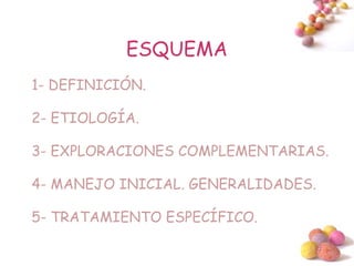 ESQUEMA
1- DEFINICIÓN.

2- ETIOLOGÍA.

3- EXPLORACIONES COMPLEMENTARIAS.

4- MANEJO INICIAL. GENERALIDADES.

5- TRATAMIENTO ESPECÍFICO.

                                #
 