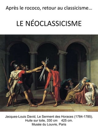 Après le rococo, retour au classicisme…

LE NÉOCLASSICISME

Jacques-Louis David, Le Serment des Horaces (1784-1785).
Huile sur toile, 330 cm 425 cm.
Musée du Louvre, Paris

 