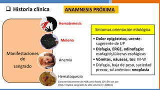  Historia clínica ANAMNESIS PRÓXIMA
Síntomas orientación etiológica
• Dolor epigástrico, urente:
sugerente de UP
• Disfagia, ERGE, odinofagia:
esofagitis/úlceras esofágicas
• Vómitos, náuseas, tos: M-W
• Disfagia, baja de peso, saciedad
precoz, sd anémico: neoplasia
Manifestaciones
de
sangrado
Hematemesis
Melena
Anemia
Hematoquezia
Característicamente de HDB, pero hasta 10-15% son por
HDA e implica sangrado de alto volumen (>1000cc).
 
