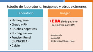 Estudio de laboratorio, imágenes y otros exámenes
Laboratorio
•Hemograma
•Grupo y RH
•Pruebas hepáticas
• P. coagulación
•Función Renal
(BUN/CREA)
•Calcio
Imagen
•EDA (Todo paciente
que ingresa por HDA)
• Angiografía
• AngioTAC
• Cintigrafía glóbulos rojos
 