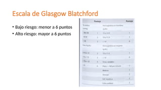 Escala de Glasgow Blatchford
• Bajo riesgo: menor a 6 puntos
• Alto riesgo: mayor a 6 puntos
 