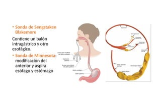 • Sonda de Sengstaken
Blakemore
Contiene un balón
intragástrico y otro
esofágico.
• Sonda de Minnesota:
modificación del
anterior y aspira
esófago y estómago
 