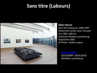 Sans titre (Labours)

Didier Marcel
Sans titre (Labours), 2006-2007
Elastomère teinté, acier inox poli
52 x 300 x 200 cm
Collection Mudam Luxembourg
Acquisition 2007
© Photo : Andrés Lejona

DIDIER MARCEL
10/10/2009 - 03/01/2010
MUDAM, Luxembourg

 