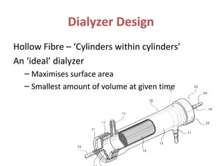 Dialyzer Design
Hollow Fibre – ‘Cylinders within cylinders’
An ‘ideal’ dialyzer
– Maximises surface area
– Smallest amount of volume at given time
 