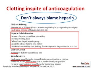 Clotting inspite of anticoagulation
Don’t always blame heparin
Daugirdas. Handbook of dialysis. Chapter 14, 5th edition, 2015.
 