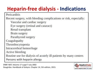 Heparin-free dialysis - Indications
Persons with heparin allergy
ERBP. NDT, Volume 17 suppl 7 July 2002
Daugirdas. Handbook of dialysis. Chapter 14, 5th edition, 2015.
 