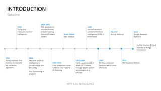 INTRODUCTION
Timeline
1950
Turing test:
measures machine
intelligence
1957-1965
First attempts to
simulate human
problem s...