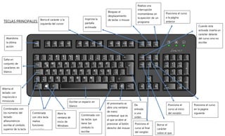 TECLAS PRINCIPALES:
Abandona
la última
acción
Salta un
conjunto de
caracteres en
blanco
Alterna el
teclado con
mayúscula o
minúscula
Combinados con
los números del
teclado
alfanuméricos
escribe el símbolo
superior de la tecla
Combinada
con otra tecla
realiza
funciones
especiales
Abre la
ventana de
inicio de
Windows
Escribe un espacio en
blanco
Combinada con
las teclas que
tiene 3er
símbolo lo
escribe
Al presionarlo se
abre una ventana
de menú
contextual que es
el que se abre al
presionar al botón
derecho del mouse
Borra el carácter a la
izquierda del cursor
Da
entrada
a una
orden
Imprime la
pantalla
archivada
Bloquea el
desplazamiento
de teclas o mouse
Realiza una
interrupción
momentánea en
la eyección de un
programa
Posiciona el
curso al final
del renglón
Borrar el
carácter
sobre el que
Posiciona el
curso al inicio
del renglón
Posiciona el curso
en la pagina
siguiente
Posiciona el curso
a la página
anterior
Cuando esta
activada inserta un
carácter delante
del curso sino no
escribe