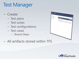 Test ManagerCreate:Test plansTest suitesTest configurationsTest casesShared StepsAll artifacts stored within TFS