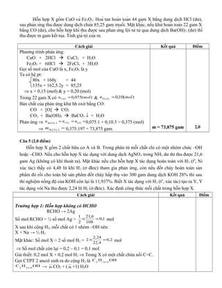 Hỗn hợp X gồm CuO và Fe2O3. Hoà tan hoàn toàn 44 gam X bằng dung dịch HCl (dư),
sau phản ứng thu được dung dịch chứa 85,25 gam muối. Mặt khác, nếu khử hoàn toàn 22 gam X
bằng CO (dư), cho hỗn hợp khí thu được sau phản ứng lội từ từ qua dung dịch Ba(OH)2 (dư) thì
thu được m gam kết tủa. Tính giá trị của m.
Cách giải Kết quả Điểm
Phương trình phản ứng:
CuO + 2HCl  CuCl2 + H2O
Fe2O3 + 6HCl  2FeCl3 + 3H2O
Gọi số mol của CuO là x, Fe2O3 là y
Ta có hệ pt:
80x + 160y = 44
135x + 162,5.2y = 85,25
⇒ x = 0,15 (mol) & y = 0,20 (mol)
Trong 22 gam X có )(075,0 molnCuO = & )(10,032
moln OFe =
Bản chất của phản ứng khử hh oxit bằng CO:
CO + [O]  CO2
CO2 + Ba(OH)2  BaCO3 ↓ + H2O
Phản ứng ⇒ ===↓ ][23
OCOBaCO
nnn 0,075.1 + 0,10.3 = 0,375 (mol)
⇒ =↓3BaCO
m 0,375.197 = 73,875 gam. m = 73,875 gam 2,0
Câu 5 (2,0 điểm)
Hỗn hợp X gồm 2 chất hữu cơ A và B. Trong phân tử mỗi chất chỉ có một nhóm chức –OH
hoặc –CHO. Nếu cho hỗn hợp X tác dụng với dung dịch AgNO3 trong NH3 dư thì thu được 21,6
gam Ag (không có khí thoát ra). Mặt khác nếu cho hỗn hợp X tác dụng hoàn toàn với H2 (t0
, Ni
xúc tác) thấy có 4,48 lít khí H2 (ở đktc) tham gia phản ứng, còn nếu đốt cháy hoàn toàn sản
phẩm đó rồi cho toàn bộ sản phẩm đốt cháy hấp thụ vào 300 gam dung dịch KOH 28% thì sau
thí nghiệm nồng độ của KOH còn lại là 11,937%. Biết X tác dụng với H2 (t0
, xúc tác) tạo ra Y, Y
tác dụng với Na thu được 2,24 lít H2 (ở đktc). Xác định công thức mỗi chất trong hỗn hợp X.
Cách giải Kết quả Điểm
Trường hợp 1: Hỗn hợp không có HCHO
RCHO → 2Ag
Số mol RCHO = ½ số mol Ag = 1,0
108
6,21
2
1
=× mol
X sau khi cộng H2, mỗi chất có 1 nhóm –OH nên:
X + Na → ½ H2
Mặt khác: Số mol X = 2 số mol H2 = 2,0
4,22
24,2
2 =× mol
⇒ Số mol chất còn lại = 0,2 – 0,1 = 0,1 mol
Giả thiết: 0,2 mol X + 0,2 mol H2 ⇒ Trong X có một chất chứa nối C=C.
Gọi CTPT 2 ancol sinh ra do cộng H2 là OHHC 1n2n +
OHHC 1n2n + → n CO2 + ( n +1) H2O
 