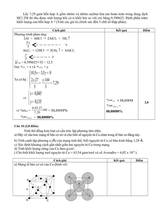 Lấy 7,29 gam hỗn hợp A gồm nhôm và nhôm cacbua hòa tan hoàn toàn trong dung dịch
HCl 2M thì thu được một lượng khí có tỉ khối hơi so với oxi bằng 0,390625. Định phần trăm
khối lượng của hỗn hợp A ? (Tính các giá trị chính xác đến 5 chữ số thập phân).
Cách giải Kết quả Điểm
Phương trình phản ứng:
2Al + 6HCl → 2AlCl3 + 3H2 ↑
3
2x
x
Al4C3 + 12HCl → 3CH4 ↑ + 4AlCl3
3
y
y
M hh = 0,390625×32 = 12,5
Gọi 2Hn = x và 4CHn = y
Ta có hệ :




=+
=−
29,7
3
144.
3
27.2
05,35,10
yx
yx
⇒



=
=
135,0
045,0
y
x
⇒ %mAl =
0,03.27
100
7,29
= 11,11111%
34
% CAlm = 88,88888%
Alm% = 11,11111
34
% CAlm =
88,88888%
2,0
Câu 10 (2,0 điểm)
Tinh thể đồng kim loại có cấu trúc lập phương tâm diện.
a) Hãy vẽ cấu trúc mạng tế bào cơ sở và cho biết số nguyên tử Cu chứa trong tế bào sơ đẳng này.
b) Tính cạnh lập phương a (Å) của mạng tinh thể, biết nguyên tử Cu có bán kính bằng 1,28 Å.
c) Xác định khoảng cách gần nhất giữa hai nguyên tử Cu trong mạng.
d) Tính khối lượng riêng của Cu theo g/cm3
.
( Cho biết khối lượng mol nguyên tử Cu = 63,54 gam/mol và số Avorađro = 6,02 x 1023
).
Cách giải Kết quả Điểm
a) Mạng tế bào cơ sở của Cu (hình vẽ)
A B
CD
a
E
D C
A B
E
 