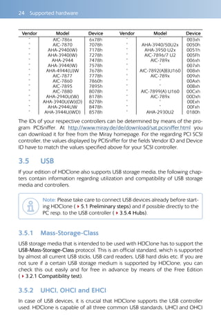 24  Supported hardware
Vendor Model Device Vendor Model Device
” AIC-786x 6x78h ” ” 003xh
” AIC-7870 7078h ” AHA-3940/50U2x 0050h
” AHA-2940(W) 7178h ” AHA-3950 U2x 0051h
” AHA-3940(W) 7278h ” AIC-7896/7 U2 005Fh
” AHA-2944 7478h ” AIC-789x 006xh
” AHA-3944(W) 7578h ” ” 007xh
” AHA-4944(U)W 7678h ” AIC-7892(A|B)U160 008xh
” AIC-7877 7778h ” AIC-789x 009xh
” AIC-7860 7860h ” ” 00Axh
” AIC-7895 7895h ” ” 00Bxh
” AIC-7880 8078h ” AIC-7899(A) U160 00Cxh
” AHA-2940U(W) 8178h ” AIC-789x 00Dxh
” AHA-3940U(W)(D) 8278h ” ” 00Exh
” AHA-2944UW 8478h ” ” 00Fxh
” AHA-3944U(WD) 8578h ” AHA-2930U2 0180h
The IDs of your respective controllers can be determined by means of the pro-
gram PCISniffer. At http://www.miray.de/de/download/sat.pcisniffer.html you
can download it for free from the Miray homepage. For the regarding PCI SCSI
controller, the values displayed by PCISniffer for the fields Vendor ID and Device
ID have to match the values specified above for your SCSI controller.
3.5 	 USB
If your edition of HDClone also supports USB storage media, the following chap-
ters contain information regarding utilization and compatibility of USB storage
media and controllers.
Note: Please take care to connect USB devices already before start-
ing HDClone (45.1 Preliminary steps) and if possible directly to the
PC resp. to the USB controller (43.5.4 Hubs).
3.5.1 	 Mass-Storage-Class
USB storage media that is intended to be used with HDClone has to support the
USB-Mass-Storage-Class protocol. This is an official standard, which is supported
by almost all current USB sticks, USB card readers, USB hard disks etc. If you are
not sure if a certain USB storage medium is supported by HDClone, you can
check this out easily and for free in advance by means of the Free Edition
(43.2.1 Compatibility test).
3.5.2 	 UHCI, OHCI and EHCI
In case of USB devices, it is crucial that HDClone supports the USB controller
used. HDClone is capable of all three common USB standards, UHCI and OHCI
 