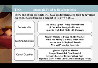 TPQ               Strategic Food & Beverage Mix
Every one of the precincts will have its differentiated food & beverage
experience as to become a magnet in its own right…

                           Top End & Upper Trendy International
  Porto Arabia                 & / or Value Recognized brands
                           Upper to High End Night Life Concepts


                           Quality Middle to Upper Middle Market
                           Value For Money Casual & Fast Casual
Medina Centrale               International & Regional Brands
                                 New yet Promising Concepts

                                 Upper to High End Market
                               Unique Branded & Non Branded
 Qanat Quartier             Strong Character Restaurants & Bars
                     Signature Chefs within Ultra Luxury Boutique Hotels
 