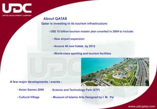 About QATAR
                         Qatar is investing in its tourism infrastructure:

                              - US$ 15 billion tourism master plan unveiled in 2004 to include:

                                 - New airport expansion

                                 - Around 40 new hotels by 2012

                                 - World-class sporting and tourism facilities




A few major developments / events :

    - Asian Games 2006         - Science and Technology Park (STP)

    - Cultural Village          - Museum of Islamic Arts Designed by I. M. Pei
 