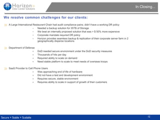 In Closing... We resolve common challenges for our clients: A Large International Restaurant Chain had audit compliance pains; didn’t have a working DR policy Needed a backup solution for 35TB of Storage We beat an internally proposed solution that was > $ 50% more expensive Corporate mandate required DR policy Horizon provides seamless backup & replication of their corporate server farm in 2 geographically disperse locations Department of Defense DoD needed secure environment under the DoD security measures Thousands of hits per day Required ability to scale on demand Need stable platform to scale to meet needs of overseas troops SaaS Provider to Cell Phone Users Was approaching end of life of hardware Did not have a test and development environment Requires secure, stable environment Requires ability to scale in support of growth of their customers   12 