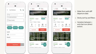o Slider form with diff
departure date
o Sticky sort by and filters
o Variation between +
and chat icon (direct
action)
 