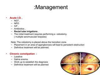 :Management 
• Acute I.O. , 
– NGT , 
– NPO 
– IVF , 
– Antibiotics , 
– Rectal tube irrigations . 
– The initial treatment requires performing a colostomy. 
( multiple seromuscular biopsies) 
Note: The colostomy is placed above the transition zone. 
– Placement in an area of aganglionosis will lead to persistent obstruction 
– Definitive treatment will be planned. 
• Chronic constipation : 
– Laxative 
– Saline enema. 
– Work up to establish the diagnosis 
– Definitive treatment will be planned 
 
