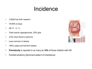 Incidence 
• 15000 live birth newborn 
• 70-80% is boys. 
• (M / F. 4: 1 ( 
• Total colonic aganglionosis, 35% girls 
• 3-5% have Down’s sydrome 
• Less common in blacks. 
• >95% cases are full term babies 
• Prematurity is reported in as many as 10% of those children with HD 
• Familial tendency (Dominant pattern of inheritance( 
 