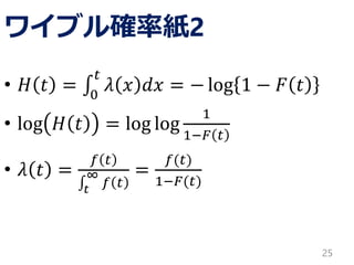 ワイブル確率紙2
• 𝐻 𝑡 = 0
𝑡
𝜆 𝑥 𝑑𝑥 = − log 1 − 𝐹 𝑡
• log 𝐻 𝑡 = log log
1
1−𝐹 𝑡
• 𝜆 𝑡 =
𝑓 𝑡
𝑡
∞
𝑓 𝑡
=
𝑓(𝑡)
1−𝐹(𝑡)
25
 