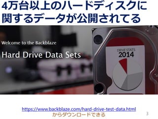 https://www.backblaze.com/hard-drive-test-data.html
からダウンロードできる
4万台以上のハードディスクに
関するデータが公開されてる
3
 