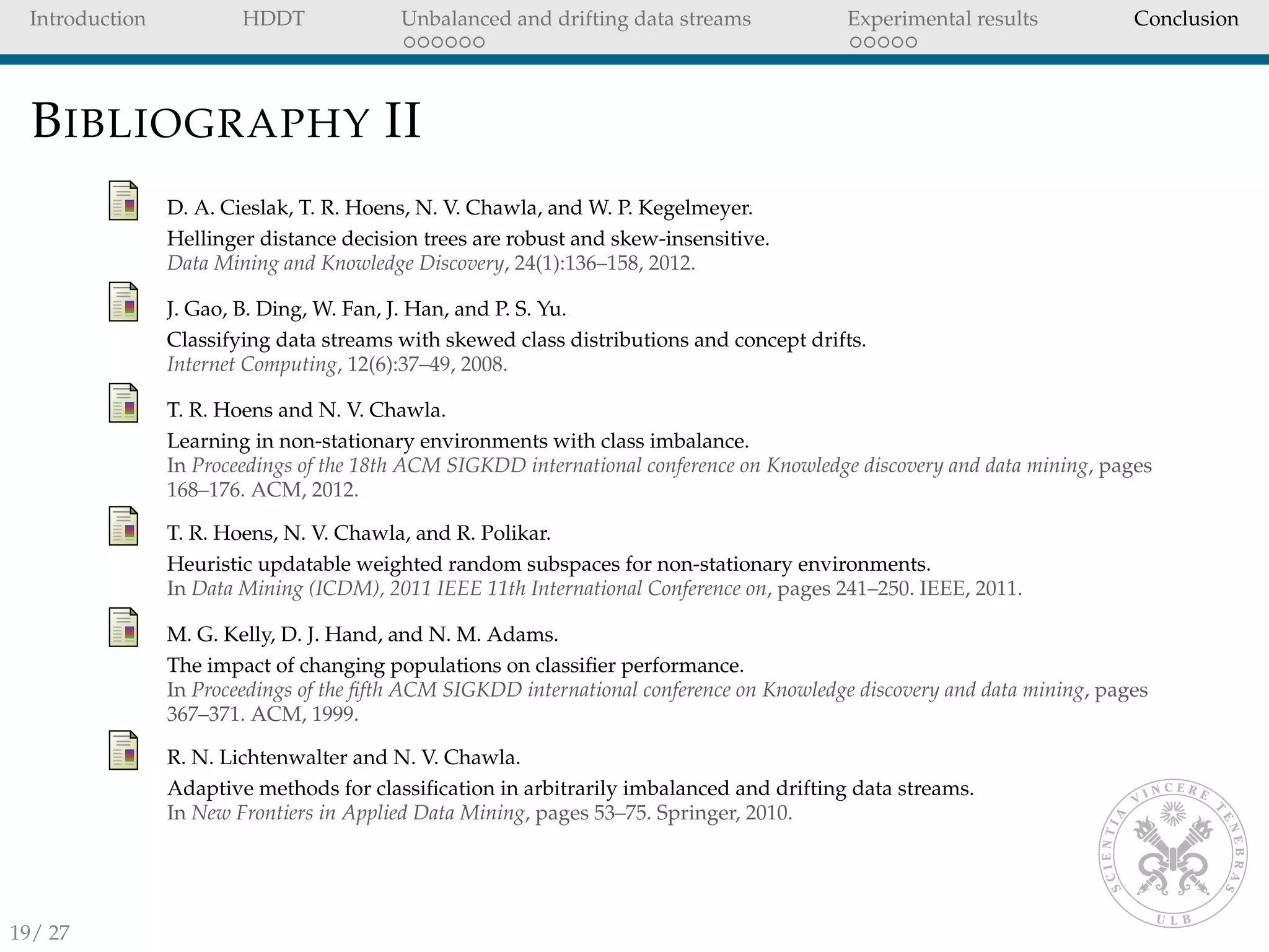 Introduction HDDT Unbalanced and drifting data streams Experimental results Conclusion
BIBLIOGRAPHY II
D. A. Cieslak, T. R. Hoens, N. V. Chawla, and W. P. Kegelmeyer.
Hellinger distance decision trees are robust and skew-insensitive.
Data Mining and Knowledge Discovery, 24(1):136–158, 2012.
J. Gao, B. Ding, W. Fan, J. Han, and P. S. Yu.
Classifying data streams with skewed class distributions and concept drifts.
Internet Computing, 12(6):37–49, 2008.
T. R. Hoens and N. V. Chawla.
Learning in non-stationary environments with class imbalance.
In Proceedings of the 18th ACM SIGKDD international conference on Knowledge discovery and data mining, pages
168–176. ACM, 2012.
T. R. Hoens, N. V. Chawla, and R. Polikar.
Heuristic updatable weighted random subspaces for non-stationary environments.
In Data Mining (ICDM), 2011 IEEE 11th International Conference on, pages 241–250. IEEE, 2011.
M. G. Kelly, D. J. Hand, and N. M. Adams.
The impact of changing populations on classiﬁer performance.
In Proceedings of the ﬁfth ACM SIGKDD international conference on Knowledge discovery and data mining, pages
367–371. ACM, 1999.
R. N. Lichtenwalter and N. V. Chawla.
Adaptive methods for classiﬁcation in arbitrarily imbalanced and drifting data streams.
In New Frontiers in Applied Data Mining, pages 53–75. Springer, 2010.
19/ 27
 