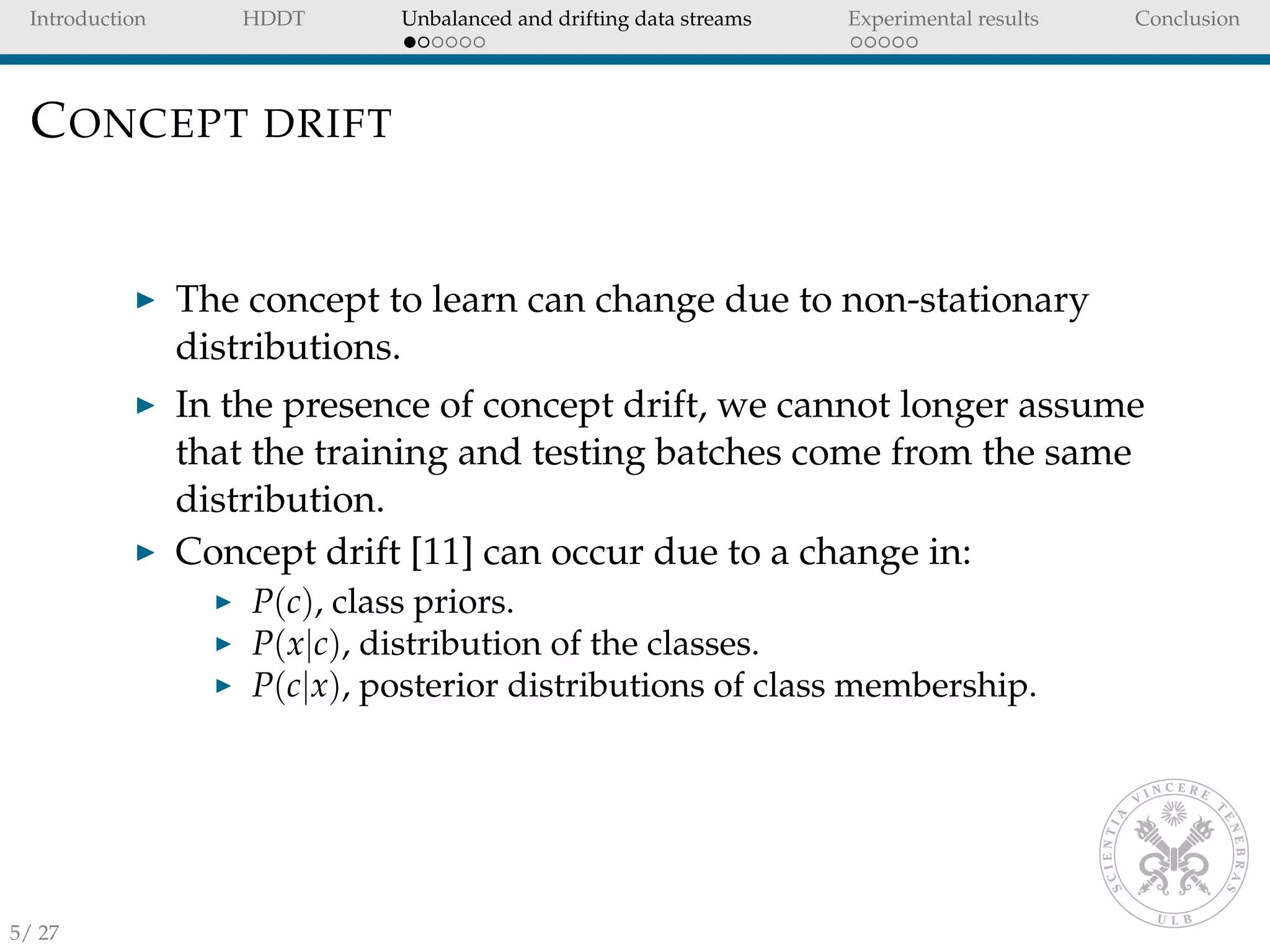 Introduction HDDT Unbalanced and drifting data streams Experimental results Conclusion
CONCEPT DRIFT
The concept to learn can change due to non-stationary
distributions.
In the presence of concept drift, we cannot longer assume
that the training and testing batches come from the same
distribution.
Concept drift [11] can occur due to a change in:
P(c), class priors.
P(x|c), distribution of the classes.
P(c|x), posterior distributions of class membership.
5/ 27
 