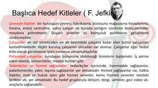 Başlıca Hedef Kitleler ( F. Jefkins )
Çevreyle ilişkiler: bir kuruluşun çevresi; fabrikasına, bürosuna mağazasına havaalanına,
limana, enerji santraline, yakın çalışan ve burada varlığını sürdüren komşularından
meydana gelmektedir. Duyarlı şirketler iyi komşuluk politikasını geliştirerek
sürdürmelidir.
Çalışanlar: en üst yöneticiden en alt kesimdeki çalışana kadar olan bütün çalışanları
kastedilmektedir. Hiçbir kuruluş çalışanlar olmadan var olamaz. Çalışanlar eğer hedef
kitle olarak görülmezse işten memnun olmamaktadırlar.
Potansiyel çalışanlar: kuruluşun bünyesine alabileceği bireylerin toplamıdır. İş yerine
yakın olanlar, üniversiteler, meslek kursları gibi.
Tedarikçiler ve hizmet sağlayanlar: tedarikçiler içerisinde, hammadde sağlayanlar,
paketlemeciler, yakıt, taşıma sağlayanlar yer almaktadır. Hizmet sağlayanlar ise, halkla
ilişkiler, mali ve hukuk işleri gibi hizmet verenler, kamu hizmeti verenler mesleki
birlikler vb. yer almaktadır. Bu hedef gruplarıyla iletişim, dergi, seminer, gezi video vb.
araçlarla sağlanabilir.
 