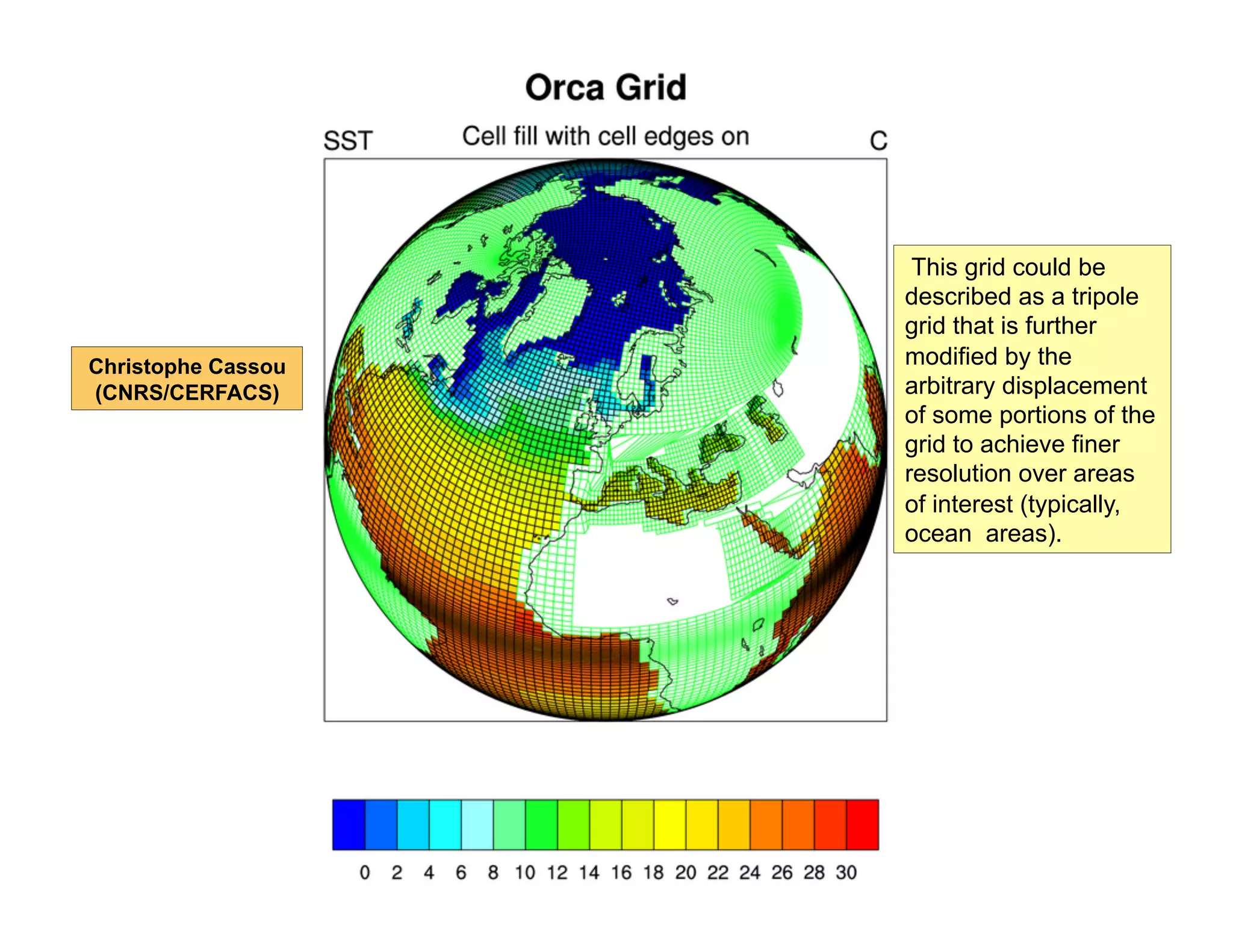 Christophe Cassou
(CNRS/CERFACS)

This grid could be
described as a tripole
grid that is further
modified by the
arbitrary displacement
of some portions of the
grid to achieve finer
resolution over areas
of interest (typically,
ocean areas).

 