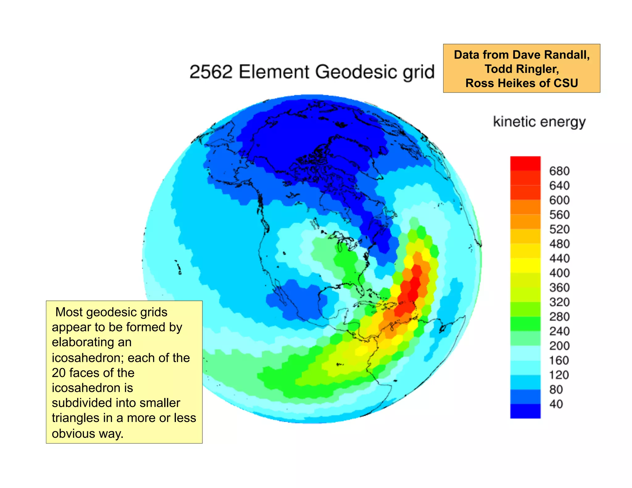 Data from Dave Randall,
Todd Ringler,
Ross Heikes of CSU

Most geodesic grids
appear to be formed by
elaborating an
icosahedron; each of the
20 faces of the
icosahedron is
subdivided into smaller
triangles in a more or less
obvious way.

 