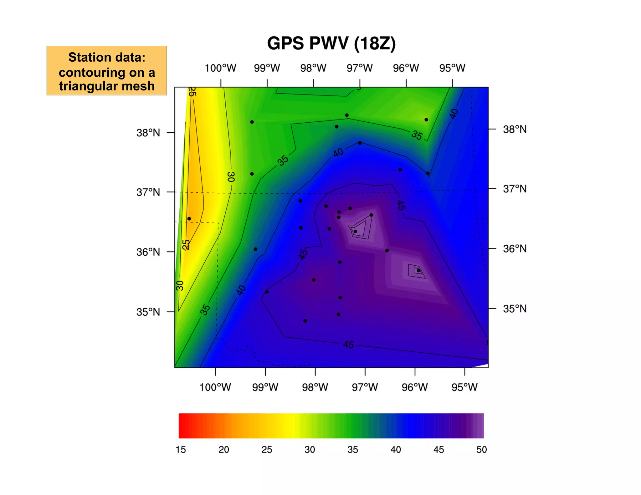 Station data:
contouring on a
triangular mesh

 