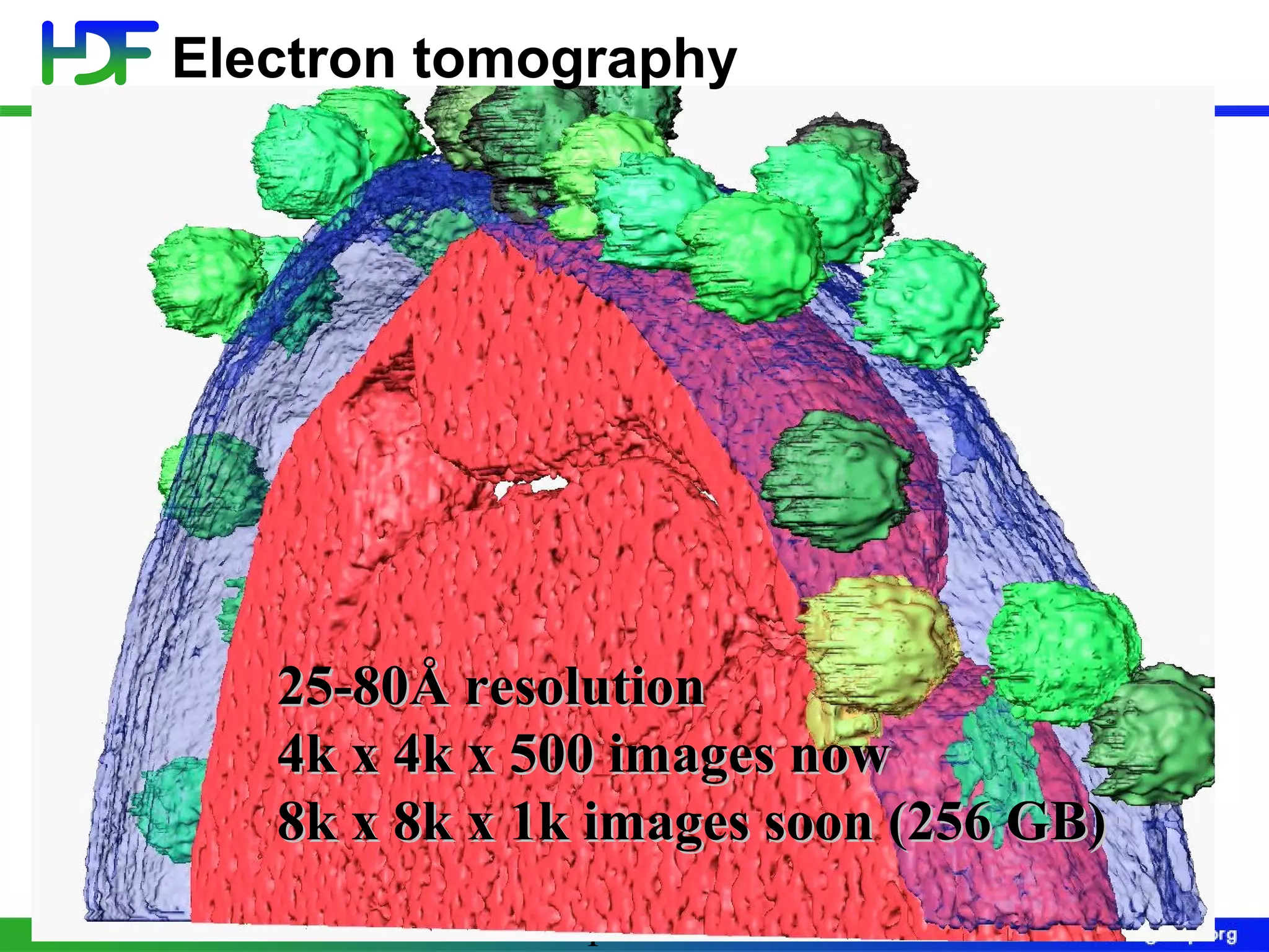 Electron tomography

25-80Å resolution
4k x 4k x 500 images now
8k x 8k x 1k images soon (256 GB)
02/18/14

The HDF Group

64

 