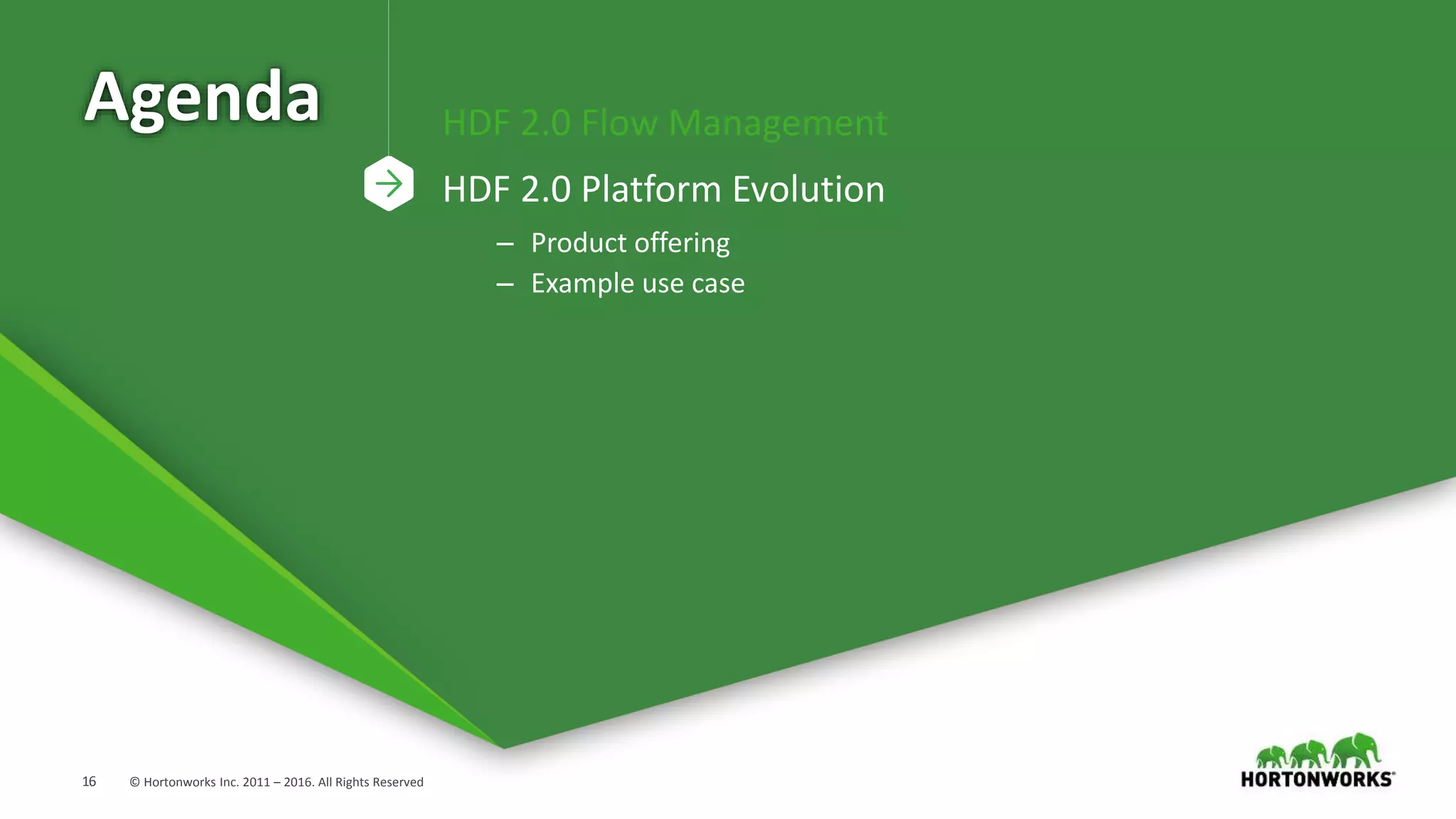 16 © Hortonworks Inc. 2011 – 2016. All Rights Reserved
Agenda HDF 2.0 Flow Management
HDF 2.0 Platform Evolution
– Product offering
– Example use case
 