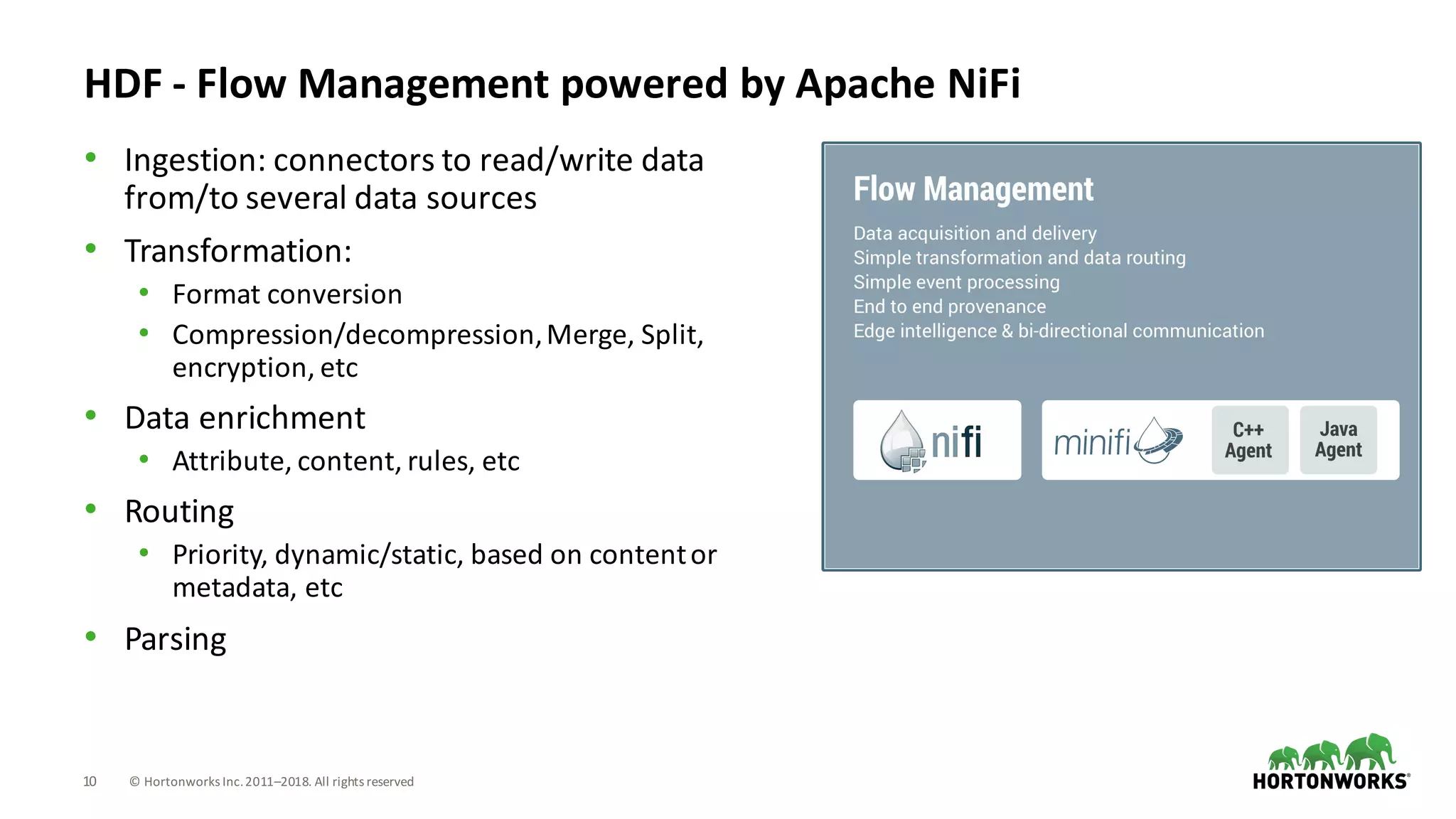 10 ©	Hortonworks	Inc.	2011–2018.	All	rights	reserved
HDF	- Flow	Management	powered by	Apache	NiFi
• Ingestion:	connectors	to	read/write	data	
from/to	several	data	sources
• Transformation:
• Format	conversion	
• Compression/decompression,	Merge,	Split,	
encryption,	etc
• Data	enrichment
• Attribute,	content,	rules,	etc
• Routing
• Priority,	dynamic/static,	based	on	content	or	
metadata,	etc
• Parsing
 