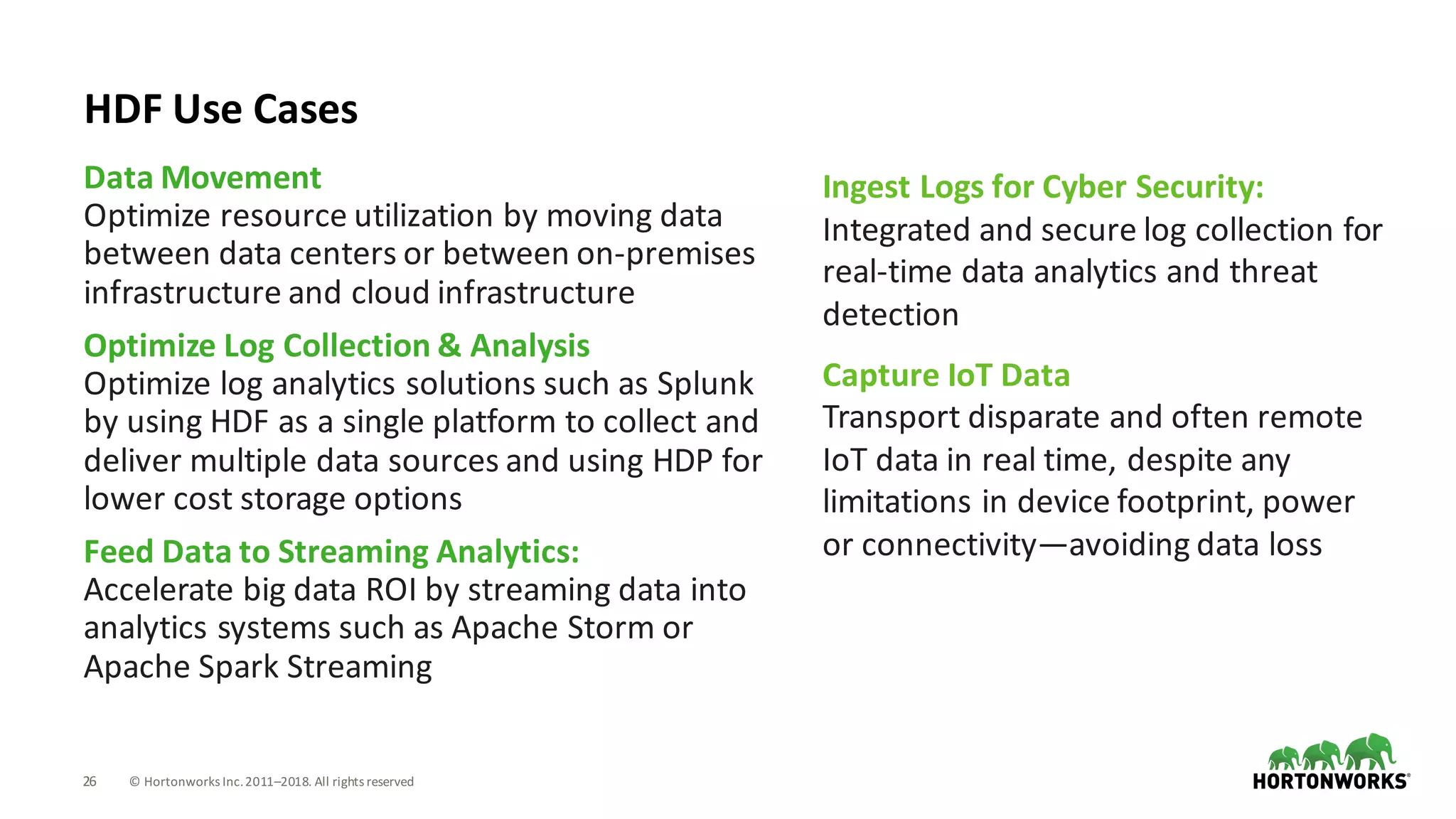 26 ©	Hortonworks	Inc.	2011–2018.	All	rights	reserved
HDF	Use	Cases
Data	Movement
Optimize	resource	utilization	by	moving	data	
between	data	centers	or	between	on-premises	
infrastructure	and	cloud	infrastructure
Optimize	Log	Collection	&	Analysis											
Optimize	log	analytics	solutions	such	as	Splunk
by	using	HDF	as	a	single	platform	to	collect	and	
deliver	multiple	data	sources	and	using	HDP	for	
lower	cost	storage	options
Feed	Data	to	Streaming	Analytics:	
Accelerate	big	data	ROI	by	streaming	data	into	
analytics	systems	such	as	Apache	Storm	or	
Apache	Spark	Streaming
Ingest	Logs	for	Cyber	Security:	
Integrated	and	secure	log	collection	for	
real-time	data	analytics	and	threat	
detection
Capture	IoT Data	
Transport	disparate	and	often	remote	
IoT data	in	real	time,	despite	any	
limitations	in	device	footprint,	power	
or	connectivity—avoiding	data	loss
 