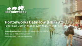 1 ©	Hortonworks	Inc.	2011–2018.	All	rights	reserved
Hortonworks	DataFlow (HDF)	3.1
Redefining	Data-in-Motion	with	Modern	Data	Architectures
Dinesh	Chandrasekhar,	Director	of	Product	Marketing,	HDF/IoT
Haimo Liu,	Sr.	Product	Manager,	HDF
GurudittaGolani,	Director,	Engineering
 