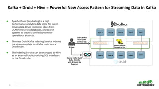 23 © Hortonworks Inc. 2011–2018. All rights reserved
Kafka + Druid + Hive = Powerful New Access Pattern for Streaming Data in Kafka
Ã Apache Druid (incubating) is a high
performance analytics data store for event-
driven data. Druid combines ideas from
OLAP/timeseries databases, and search
systems to create a unified system for
operational analytics.
Ã The new Druid Kafka Indexing Service indexes
the streaming data in a Kafka topic into a
Druid cube.
Ã The Indexing Service can be managed by Hive
as an external table providing SQL interfaces
to the Druid cube.
Topic A
Kafka Topic Kafka Topic
Topic B
Kafka Topic
Topic C
Kafka Topic
Topic D
Kafka Topic
Topic X
Druid Cube
Cube A
Druid Cube
Cube X
Druid Cube
Cube M
Druid Cube
Cube N
Druid Cube
Cube O
Indexing Services
Managed By Hive
Kafka Index Service Kafka Index Service
BI User
Query Kafka
Druid Cube
via Hive SQL
Superset
Query Kafka Druid
Cube Directly
with BI tools like
Superset
 