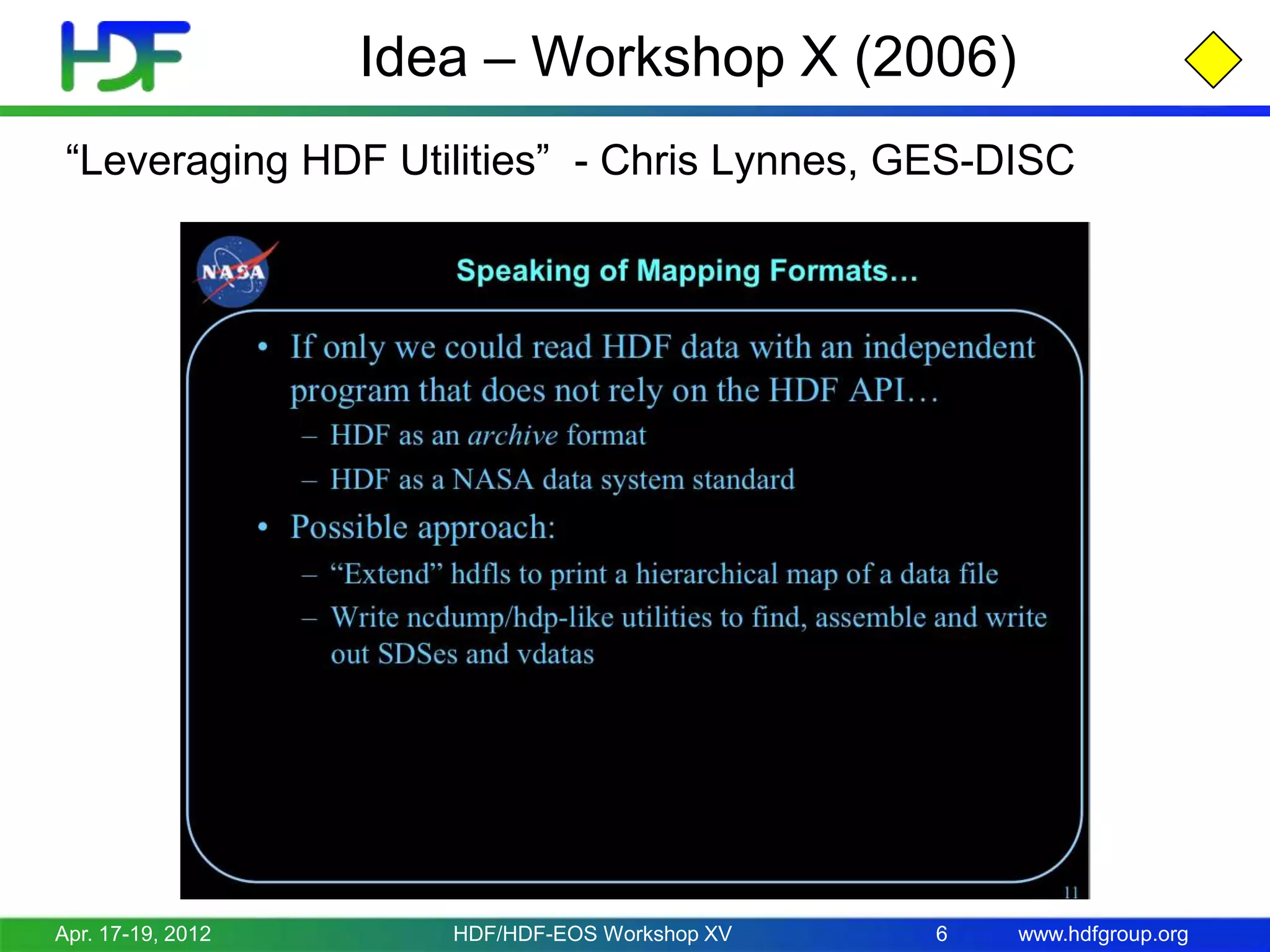 Idea – Workshop X (2006)
“Leveraging HDF Utilities” - Chris Lynnes, GES-DISC

Apr. 17-19, 2012

HDF/HDF-EOS Workshop XV

6

www.hdfgroup.org

 