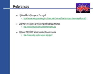 References

   [1] How Much Storage is Enough?
         http://www.acmqueue.org/modules.php?name=Content&pa=showpage&pid=45

   [2] Different Shades of Meaning in the Stock Market
         http://www.enhyper.com/content/kerrraptor.jpg

   [3] Knurr 10/20KW Water-cooled Environments
         http://www.water-cooled-server-rack.com/
 