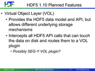 www.hdfgroup.org
HDF5 1.10 Planned Features
• Virtual Object Layer (VOL)
• Provides the HDF5 data model and API, but
allows different underlying storage
mechanisms
• Intercepts all HDF5 API calls that can touch
the data on disk and routes them to a VOL
plugin
• Possibly SEG-Y VOL plugin?
March 5, 2015 17HPC Oil & Gas Workshop
 