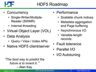 www.hdfgroup.org
HDF5 Roadmap
March 5, 2015 21
• Concurrency
• Single-Writer/Multiple-
Reader (SWMR)
• Internal threading
• Virtual Object Layer (VOL)
• Data Analysis
• Query / View / Index APIs
• Native HDF5 client/server
• Performance
• Scalable chunk indices
• Metadata aggregation
and Page buffering
• Asynchronous I/O
• Variable-length
records
• Fault tolerance
• Parallel I/O
• I/O Autotuning
HPC Oil & Gas Workshop
“The best way to predict the
future is to invent it.”
– Alan Kay
 