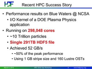 www.hdfgroup.org
Recent HPC Success Story
• Performance results on Blue Waters @ NCSA
• I/O Kernel of a DOE Plasma Physics
application
• Running on 298,048 cores
• ~10 Trillion particles
• Single 291TB HDF5 file
• Achieved 52 GB/s
• ~50% of the peak performance
• Using 1 GB stripe size and 160 Lustre OSTs
March 5, 2015 8HPC Oil & Gas Workshop
 