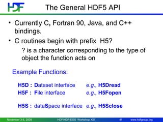 www.hdfgroup.org
The General HDF5 API
• Currently C, Fortran 90, Java, and C++
bindings.
• C routines begin with prefix H5...