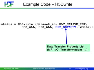 www.hdfgroup.org
Example Code – H5Dwrite
status = H5Dwrite (dataset_id, H5T_NATIVE_INT,
H5S_ALL, H5S_ALL, H5P_DEFAULT, wda...