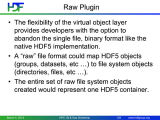 www.hdfgroup.org
Raw Plugin
• The flexibility of the virtual object layer
provides developers with the option to
abandon the single file, binary format like the
native HDF5 implementation.
• A “raw” file format could map HDF5 objects
(groups, datasets, etc …) to file system objects
(directories, files, etc …).
• The entire set of raw file system objects
created would represent one HDF5 container.
March 4, 2015 HPC Oil & Gas Workshop 139
 